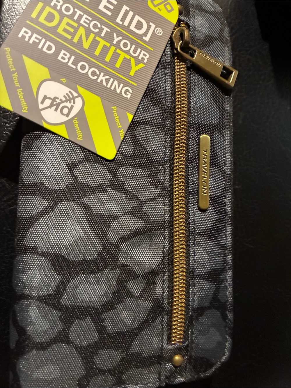 Travelon Black and Gray Patterned RFID Wristlet with Gold Hardware